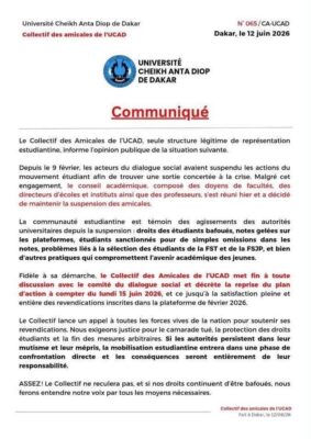 UCAD : Le Collectif des Amicales reprend son plan d'action à compter du lundi 15 juin 2026