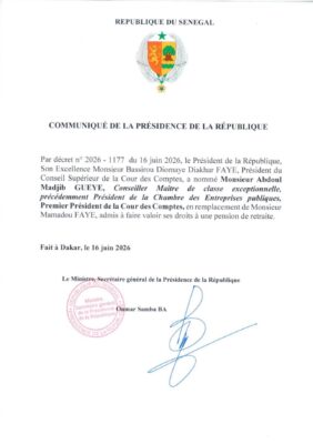 URGENT : Le Chef de l’État nomme Abdoul Madjib GUEYE, Premier Président de la Cour des Comptes