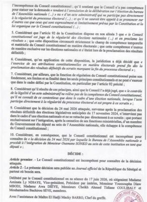 Recours contre la réintégration de SONKO à l’AN : Le Conseil constitutionnel se déclare INCOMPÉTENT !