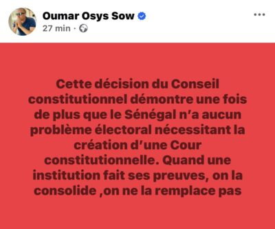 "Le Sénégal n’a aucun problème électoral", Oumar SOW sur la décision du CC dans l’affaire SONKO
