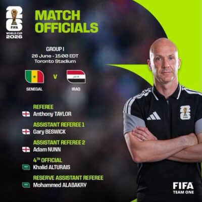 Mondial 2026 : L’arbitre Anglais Anthony Taylor désigné pour le match Sénégal – Irak