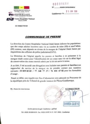 Hôpital Dalal Jamm : Appel urgent aux parents et familles pour l’identification de 22 corps sans vie