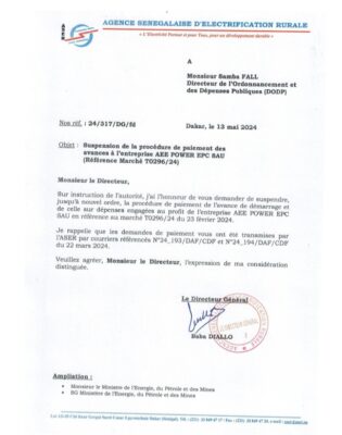 AFFAIRE ASER–AEE POWER EPC : La lettre de suspension de Baba Diallo relance le débat