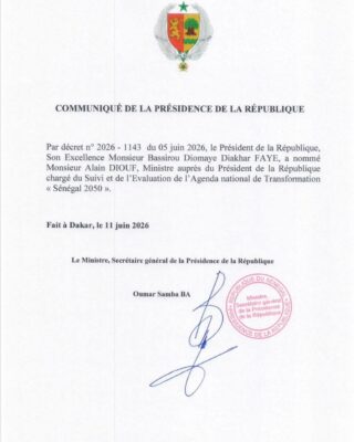 Présidence : Le Chef de l’État Bassirou Diomaye Diakhar Faye, a nommé Alain Diouf