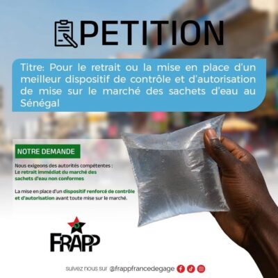 Sachets d'eau non conformes : FRAPP-France Dégage lance une pétition pour éradiquer le fléau