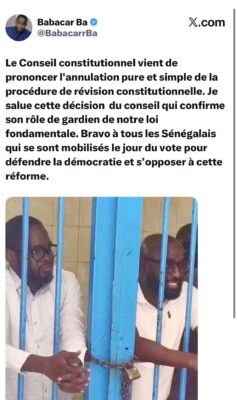 Annulation de la révision constitutionnelle : Babacar Ba salue la mobilisation des sénégalais pour défendre la démocratie