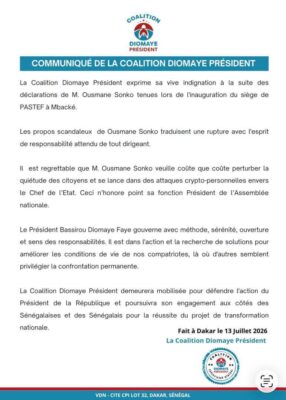 Propos de SONKO : La coalition Diomaye Président s’indigne et dénonce des attaques crypto-personnelles envers leur leader