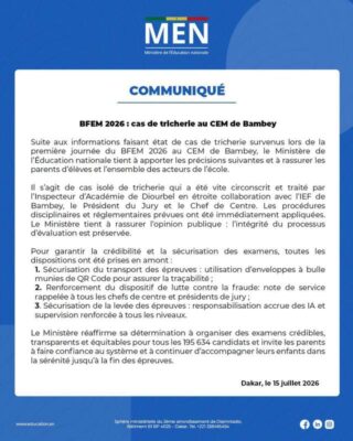 Cas de tricherie au CEM de Bambey : Les précisions du Ministère de l’Éducation !