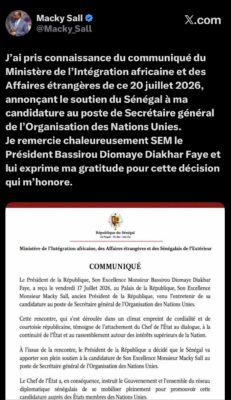 Soutien du Sénégal à sa candidature : Macky Sall exprime ma gratitude au Chef de l’État pour cette décision qui l’honore
