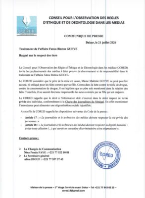 Affaire Fatou Binetou Gueye : Le CORED appelle les médias à faire preuve de discernement et de responsabilité