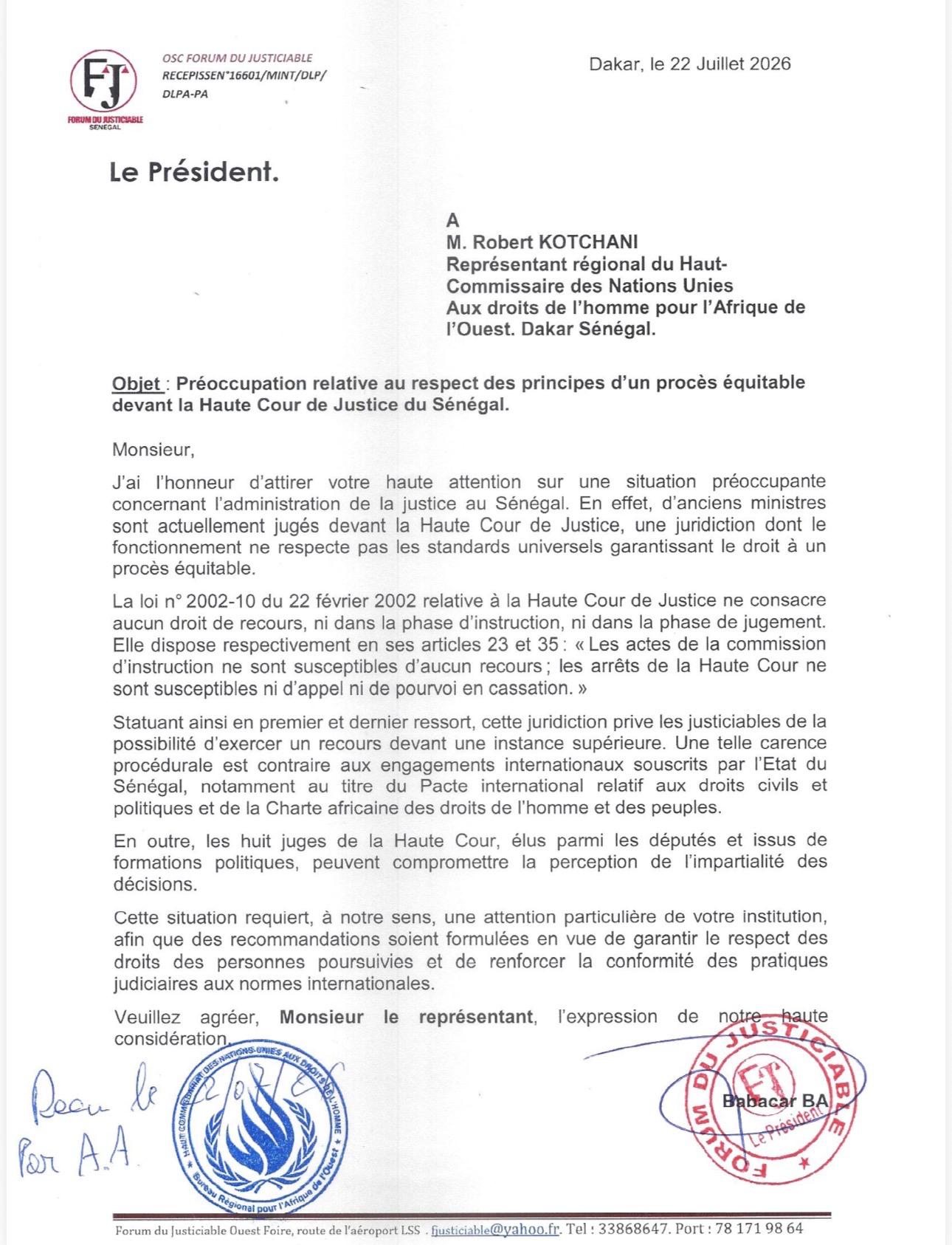 Haute Cour de Justice : Le FJ saisit le Haut‑Commissaire des Nations Unies aux droits de l’homme...