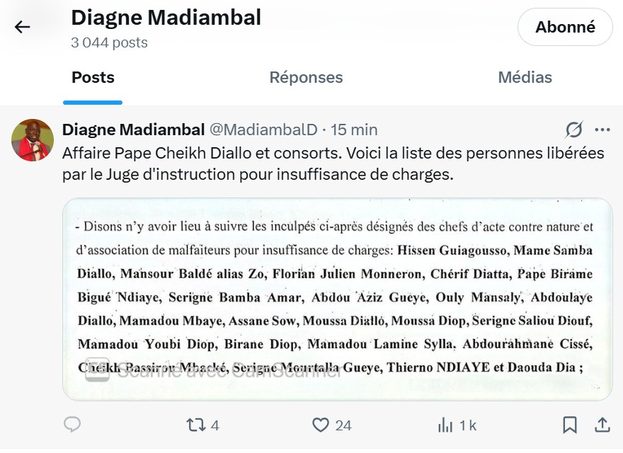 Urgent - Affaire Pape Cheikh Diallo et Cie : 23 personnes libérées