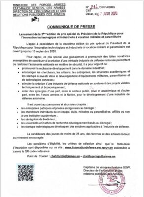 Innovation Technologique : La DIRPA annonce le lancement de la deuxième édition du Prix spécial du Président de la République