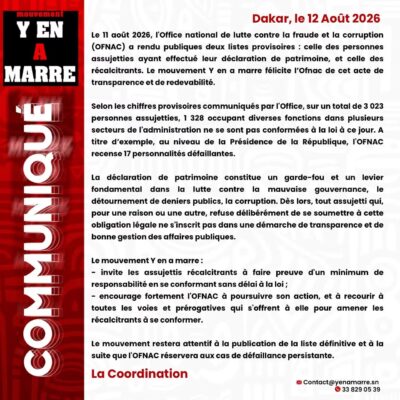 OFNAC : Y’en a marre invite les assujettis récalcitrants à se conformer sans délai à la loi