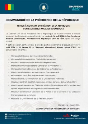 Guinée : Retour du Président Mamadi DOUMBOUYA, ce vendredi 14 août 2026