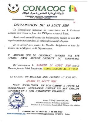 Religion : Le Gamou sera officiellement célébré, le mardi 25 août 2026