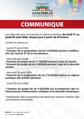 Assemblée nationale : Les Députés sont convoqués en plénière du lundi 17 au jeudi 20 août 2026