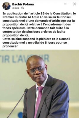 Fonds spéciaux : "Le PM Al Amine LO va saisir le Conseil constitutionnel pour arbitrage", (B. Fofana)