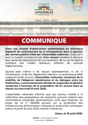 Recours de l’Éxécutif sur les fonds spéciaux : L’Assemblée annule la séance plénière, prévue ce mercredi