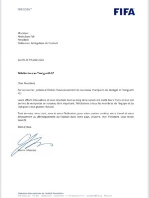 Ligue 1 sénégalaise : Gianni Infantino félicite le nouveau champion Teungueth FC