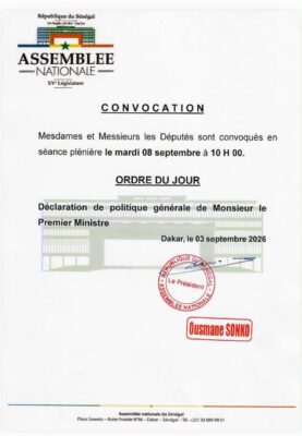 Assemblée : O. SONKO convoque les Députés, la DPG officiellement fixée au mardi 08 septembre