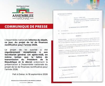 Assemblée nationale : Le projet de loi de finances rectificative pour l'année 2026 officiellement déposé