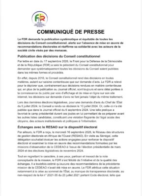 Transparence : Le FDR saisit le Conseil constitutionnel et alerte sur les recommandations électorales
