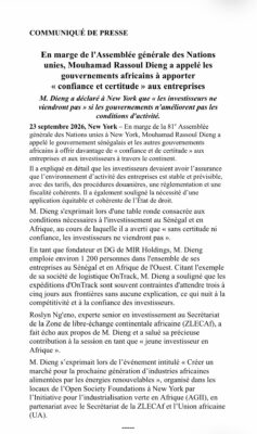 AG des Nations Unies : Mouhamad Rassoul Dieng appelle les gouvernements africains à apporter « confiance et certitude » aux entreprises