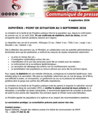 Sénégal : 34 cas confirmés de diphtérie, dont six décès enregistrés dans 8 districts sanitaires