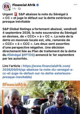 Économie : S&P abaisse la note du Sénégal à « CC » et indexe le PTDS des autorités !