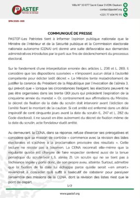 Élections territoriales : PASTEF-Les Patriotes dénonce un « report illégal »