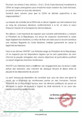 Élections territoriales : PASTEF-Les Patriotes dénonce un « report illégal »