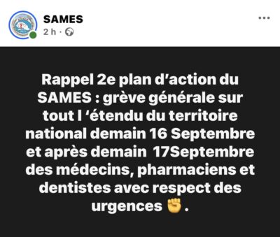 SANTÉ : Le SAMES annonce son 2e plan d’action et décrète deux jours de grève