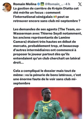 Krépin Diatta sans club : Romain Molina révèle les dessous du dossier