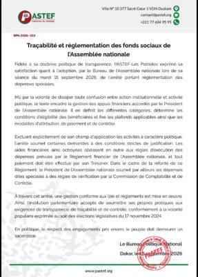 Assemblée nationale : PASTEF salue l'arrêté portant réglementation des dépenses spéciales !