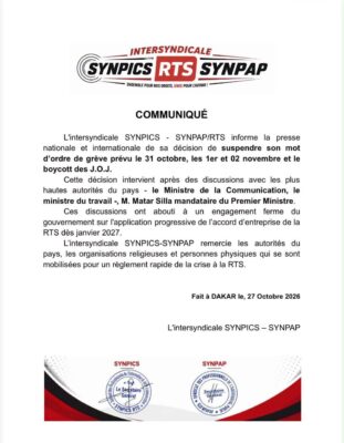JOJ 2026 : L'intersyndicale SYNPICS - SYNPAP/RTS suspend son mot d'ordre de grève