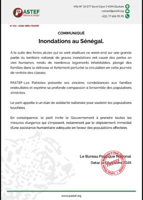 Inondations : PASTEF appelle à un élan de solidarité nationale pour soutenir les populations touchées
