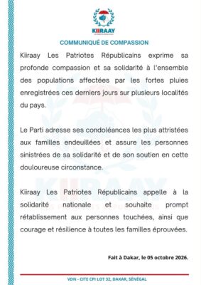 Inondations au Sénégal : Kiraay - Les Patriotes Républicains appelle à la solidarité nationale