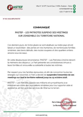 Dégâts des fortes pluies : PASTEF suspend ses meetings sur tout le territoire national jusqu'au 15 octobre 2026