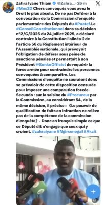 Commission d’enquête parlementaire : Zahra I. Thiam évoque les droits absolus des Convoqués !