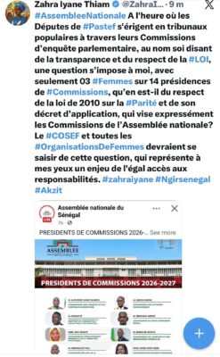 Commissions parlementaires : Zahra Iyane Thiam déplore la faible représentation des femmes
