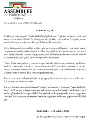 Assemblée nationale : Takku Wallu Sénégal se retire des six commissions d’enquête parlementaires