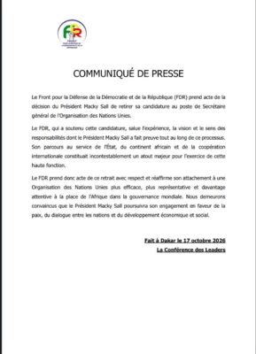 Retrait de Macky Sall à l’ONU : Le FDR dit prendre acte de la décision de l’ancien président sénégalais