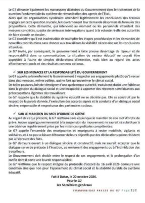 Crise scolaire : Le G7 désavoue le Gouvernement et maintient son mot d'ordre de grève
