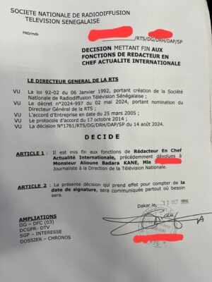 RTS : Fin de fonctions pour Alioune Badara Kane à la rédaction internationale