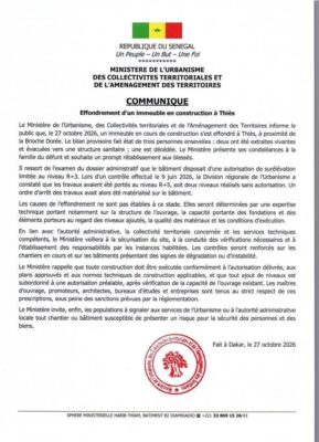 Effondrement d’un bâtiment à Thiès, le Ministère réagit : "Le bâtiment disposait d’une autorisation de surélévation limitée au niveau R+3"