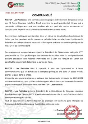 "Complot" contre Ousmane SONKO : PASTEF interpelle le Président Diomaye et le Procureur
