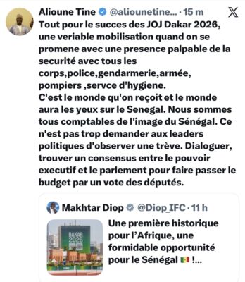 Alioune Tine sur les JOJ : "Ce n'est pas trop demander aux leaders politiques d'observer une trêve"