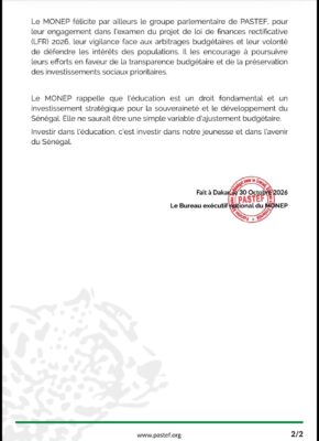LFR 2026 : Le MONEP dénonce la réduction de plus de 31 milliards de FCFA du budget de l’Éducation nationale