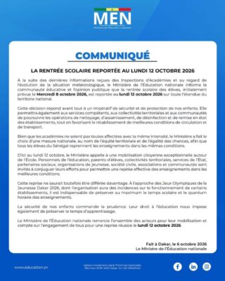 Rentrée scolaire : Le démarrage des cours reporté au lundi 12 octobre 2026